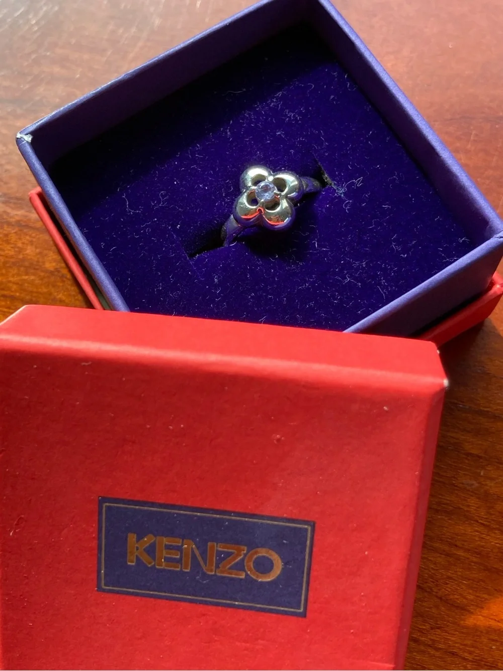 KENZO Silver Flower Motif Ring with Purple Gem